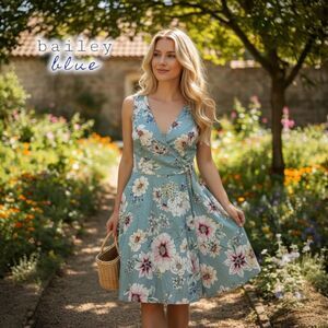 NWT Bailey Blue Dress L Turquoise Floral Mock Wrap Cinch Tie Lined Tulle